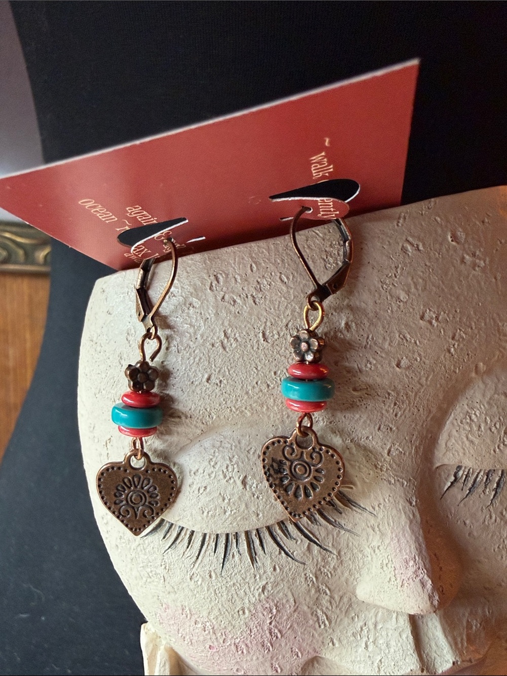 Bohemian Red and Turquoise Heart Drop Earrings - Unbranded
